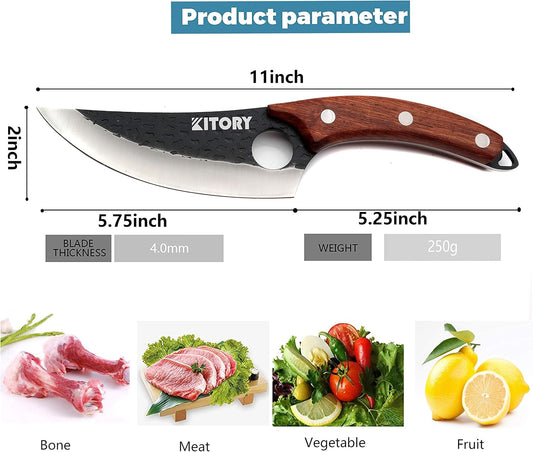 Butcher Knife for Meat Cutting, Hand Forged Viking Boning Knife with Ergonomic Wood Handle, High Carbon Steel Chinese Chef Knife for Camping, Outdoor, BBQ, Birthday Gift for Men