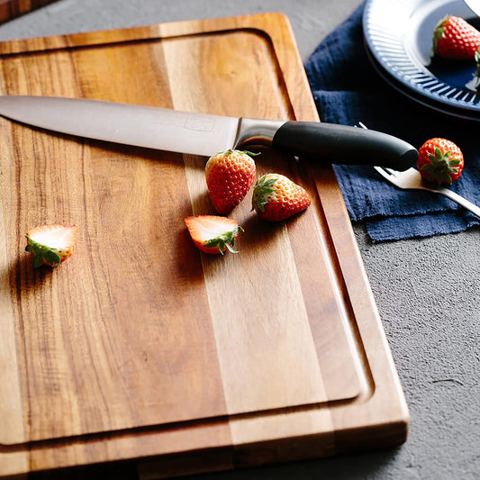 Acacia Wood Cutting Board for Kitchen with Deep Juice Groove and Handles, Wooden Trays for Meat, Fruit and Cheese, 15x10x0.7 Inch