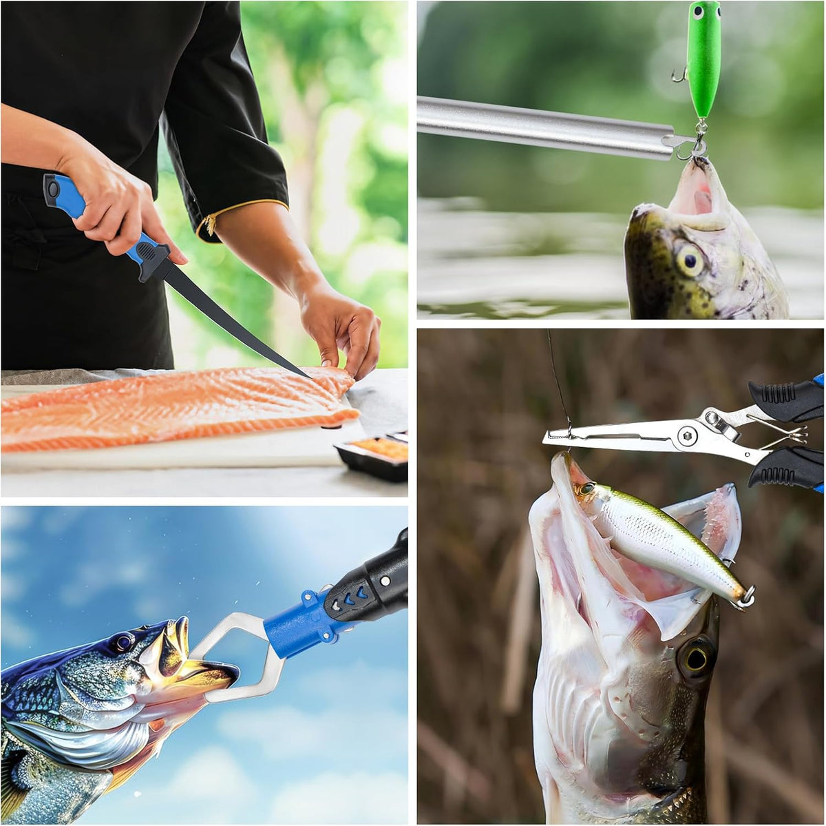 Fishing Tool Kit, 11 Pieces Fishing Gear, Fishing Pliers with Lanyard, Fillet Knife, Fish Lip Gripper, Fly Ice Fishing Hook Extractor, Anti-Cutting Gloves