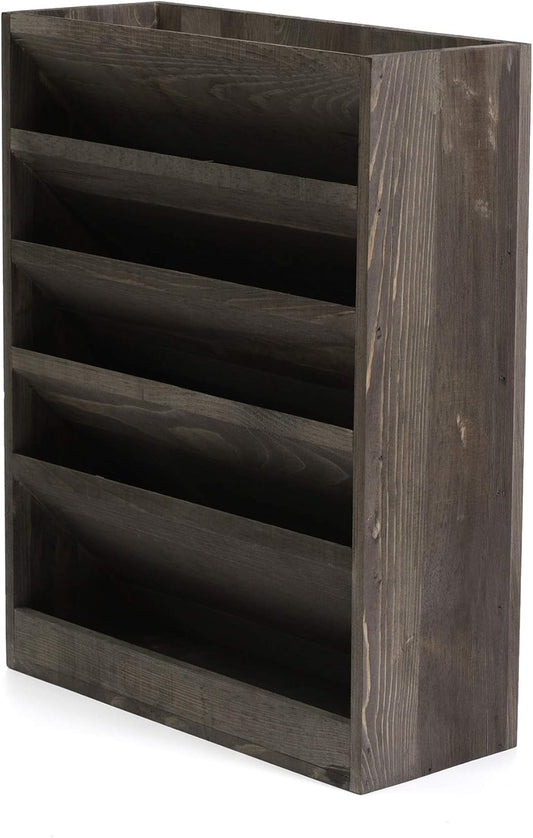 Vintage Rustic Wooden 5 Slot Office Desk or Distressed Torched Wood Wall Mounted Hanging Document Filing Organizer,Magazine Rack,Mail Holder Organizer Display Stand