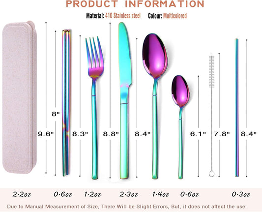 7 Pieces Stainless Steel Flatware Set Portable Reusable Cutlery Set Travel Utensils Set Including Chopsticks Knife Fork Spoon Straws Cleaning Brush Dishwasher Safe (Multicolored)