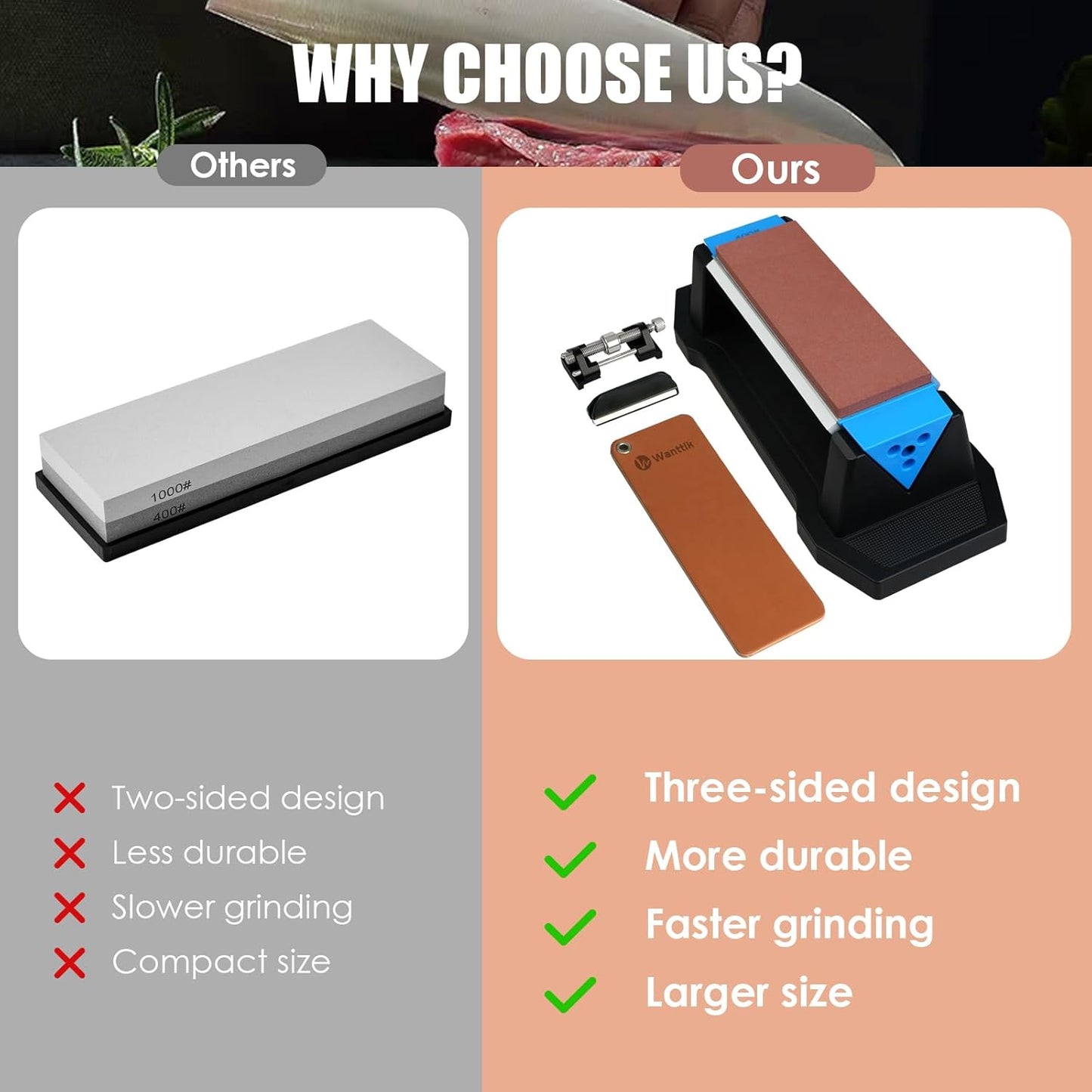 Knife Sharpening Stone,tri stone knife sharpener,3 Sides Grit 400/1000/5000,Whetstone Knife Sharpener with Non-Slip Base, Angle Guide & Leather Strop, for Kitchen Knives and Pocket Knives