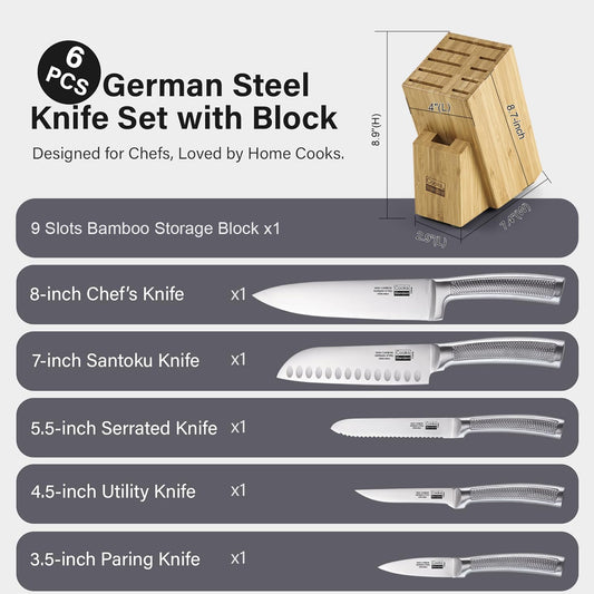Classic Bamboo Kitchen Cutlery Block Set with Knifes, Stainless Steel Forge High Carbon German Blade with Expandable Bamboo Storage Block for Extra Slots, 6-Piece