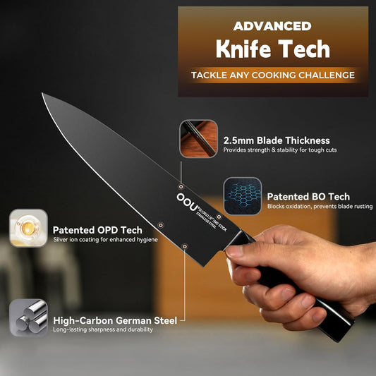 Kitchen Knife Block Set - 15 Pieces High Carbon Stainless Steel Knife Block Set with Built-in Sharpening Blocks, Black