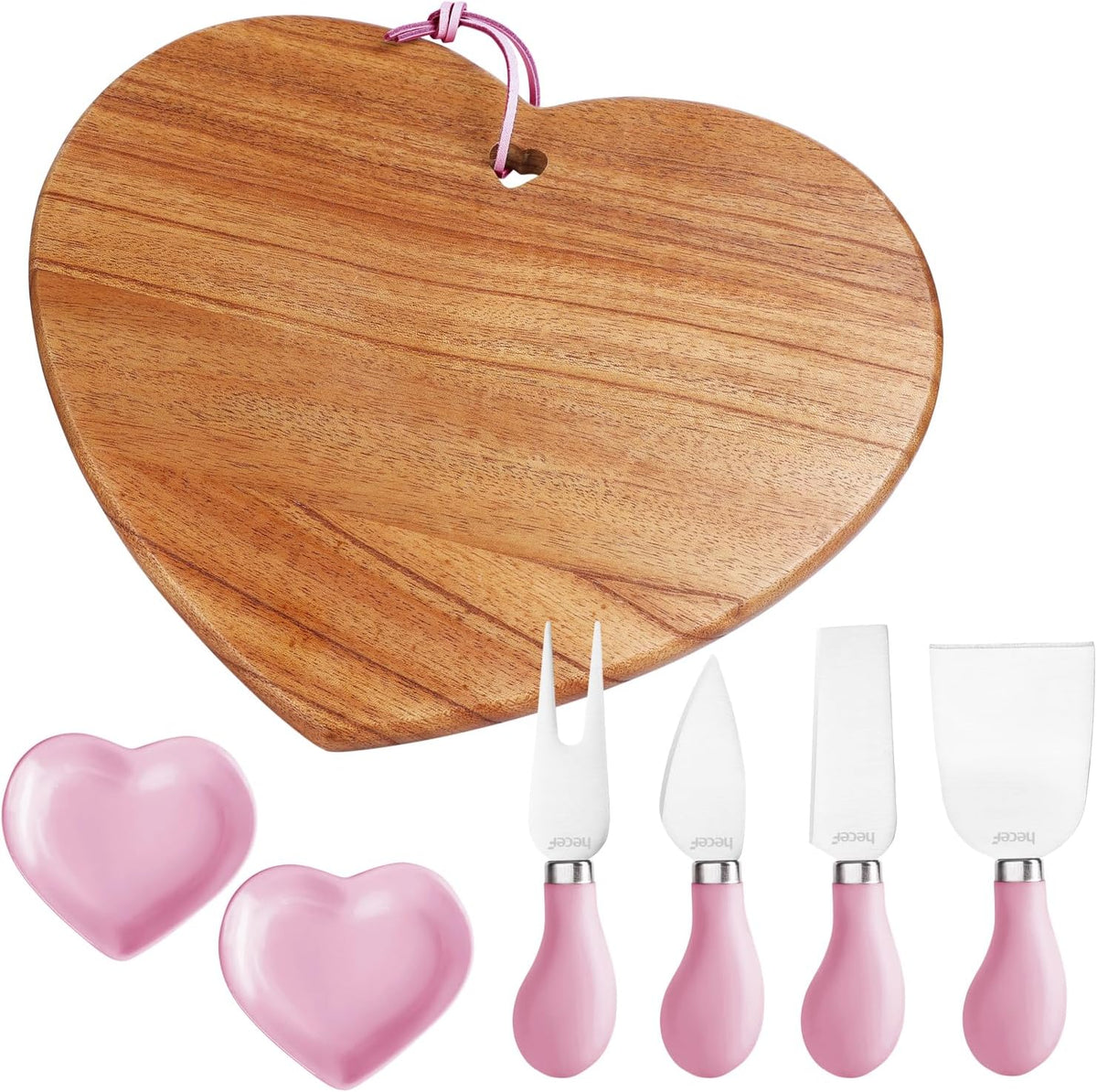 7pcs Cheese Board Set, Charcuterie Boards Set with Knives & Ceramic Bowls, Heart-shape Serving Board Set for Birthdays, Weddings, Feast, Housewarming(Pink)