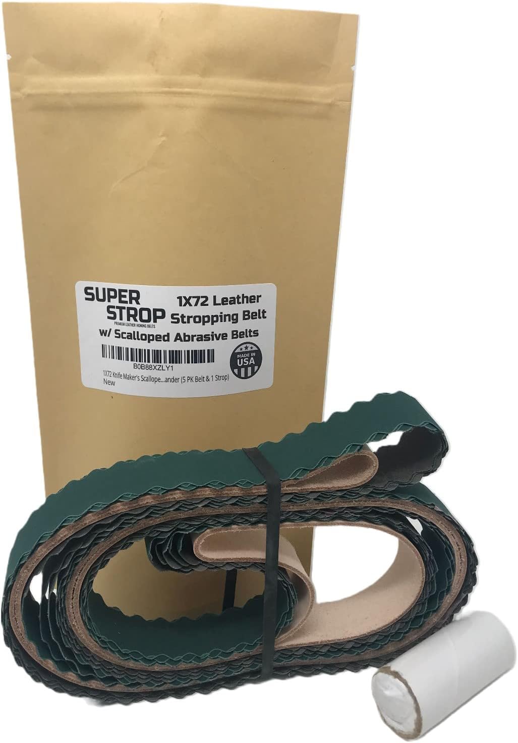 1X72 Knife Maker's Scalloped Edge Sanding Belts and Super Strop Leather Honing Belt fit 2X72 Belt Sander (5 PK Belt & 1 Strop) (PSS1X72SCASTROPFBA)