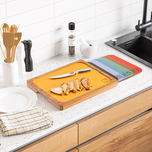 Bamboo Premium Wood Cutting Board Serving Tray w/ 7 Color-Coded BPA-Free Mats, for Chopping Bread, Cheese, Fruits, Vegetables, Meats, Charcuterie (PATENTED), Bamboo (NEW MODEL)