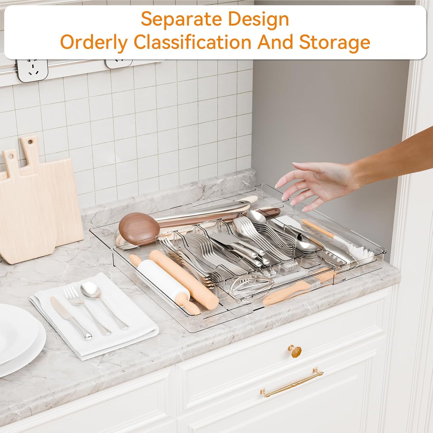 Acrylic Clear Expandable Kitchen Utensil Drawer Organizer and Silverware Organizer,BPA FREE Adjustable Silverware Tray for Drawer Cutlery,Spatula,Tools,Flatware Organizers,Fork and Spoon Holder