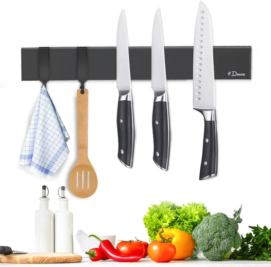 Dmore magnetic knife holder for wall—with 2 hooks, No Drilling 12 Inch black knife magnetic strip, Powerful knife magnet rack