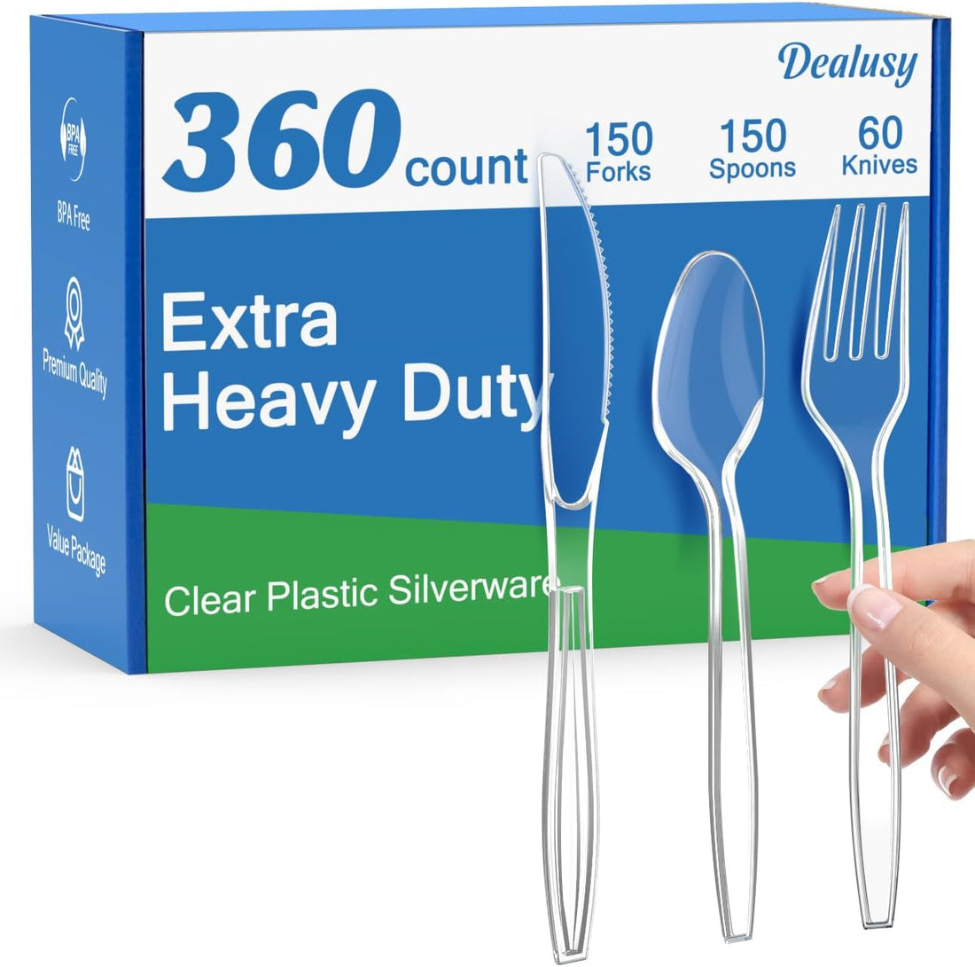 Dealusy 360 Count Extra Heavy Duty Clear Plastic Silverware, 150 Forks, 150 Spoons, 60 Knives, BPA-Free, Heat Resistant, Disp