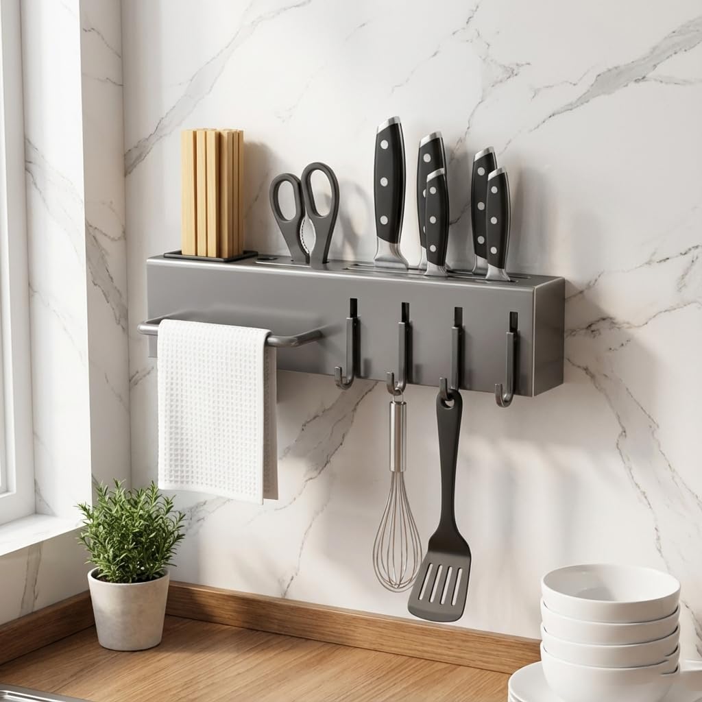 Multi-Functional Wall-Mounted Kitchen Organizer, Heavy-Duty Carbon Steel Rack with Hooks, Chopstick Holder and Towel Bar, No-