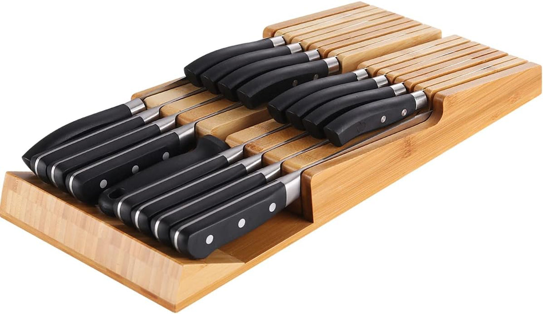Bamboo In-Drawer Knife Block Set for 16 Knives(Not Included), Large Kitchen Detachable Washable Cutlery Slot Organizer Storag