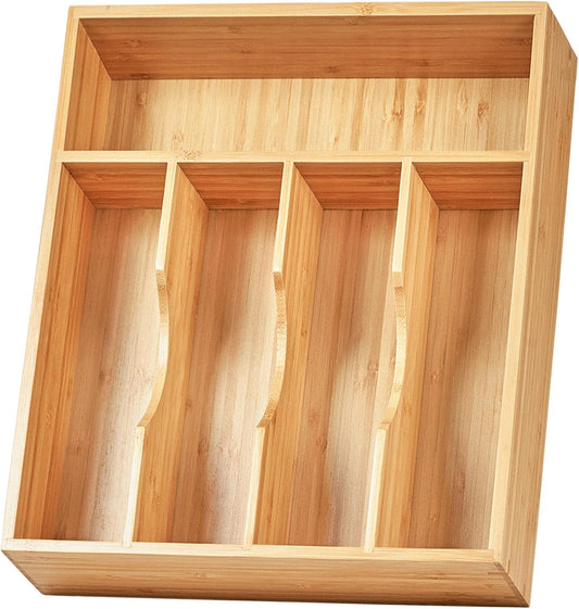 Bamboo Kitchen Drawer Organizer, 11 Inch Silverware Utensils Tray Holder with Grooved Dividers, 2.4" High Wood Caddy for Flat