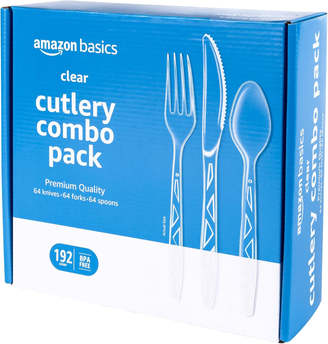 Amazon Basics Disposable Clear Plastic Cutlery Set, Premium Quality, Strong, 192 Count, Large Combo Pack Forks, Spoons and Kn
