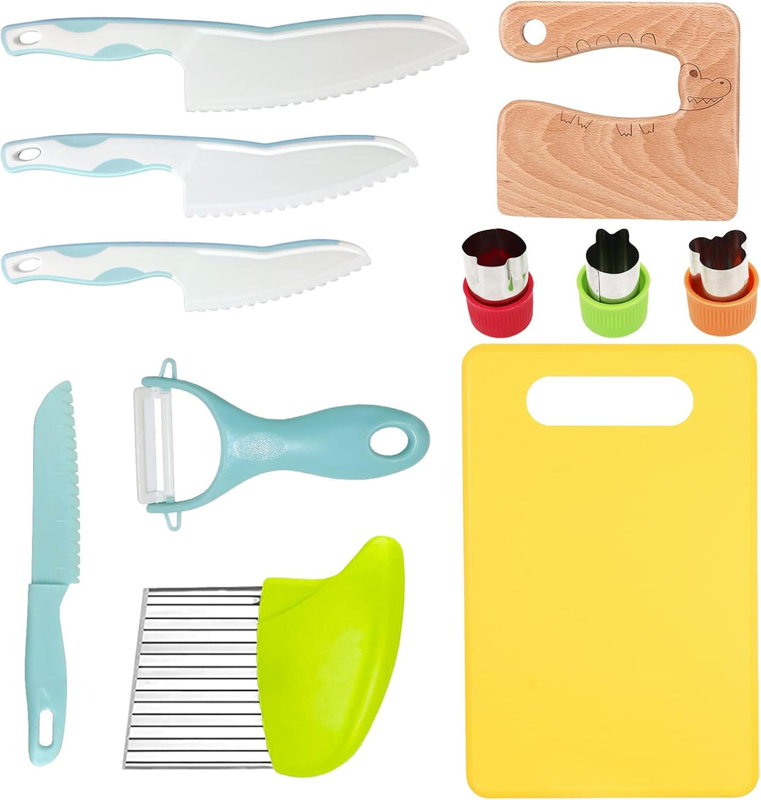 11 Pieces Wooden Kids Kitchen Knife, Blue Kids Knife Set Include Wood Kids Knife, Serrated Edges Plastic Toddler Knife, Crink