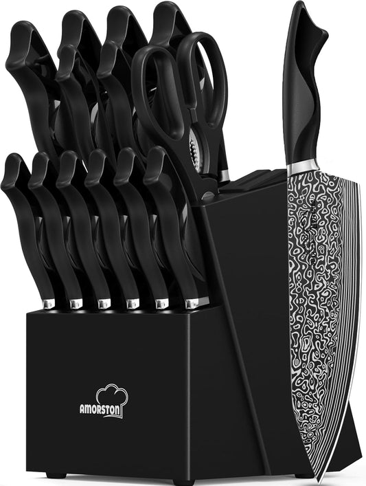 Knife Set, 15 Pieces Kitchen Knife Set with Built in Sharpener, High Carbon German Stainless Steel Knife Block Set, Dishwashe