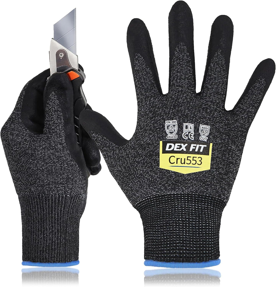 DEX FIT Level 5 Cut Resistant Gloves Cru553, 3D-Comfort Fit, Firm Grip, Thin & Lightweight, Touch-Screen Compatible, Durable,