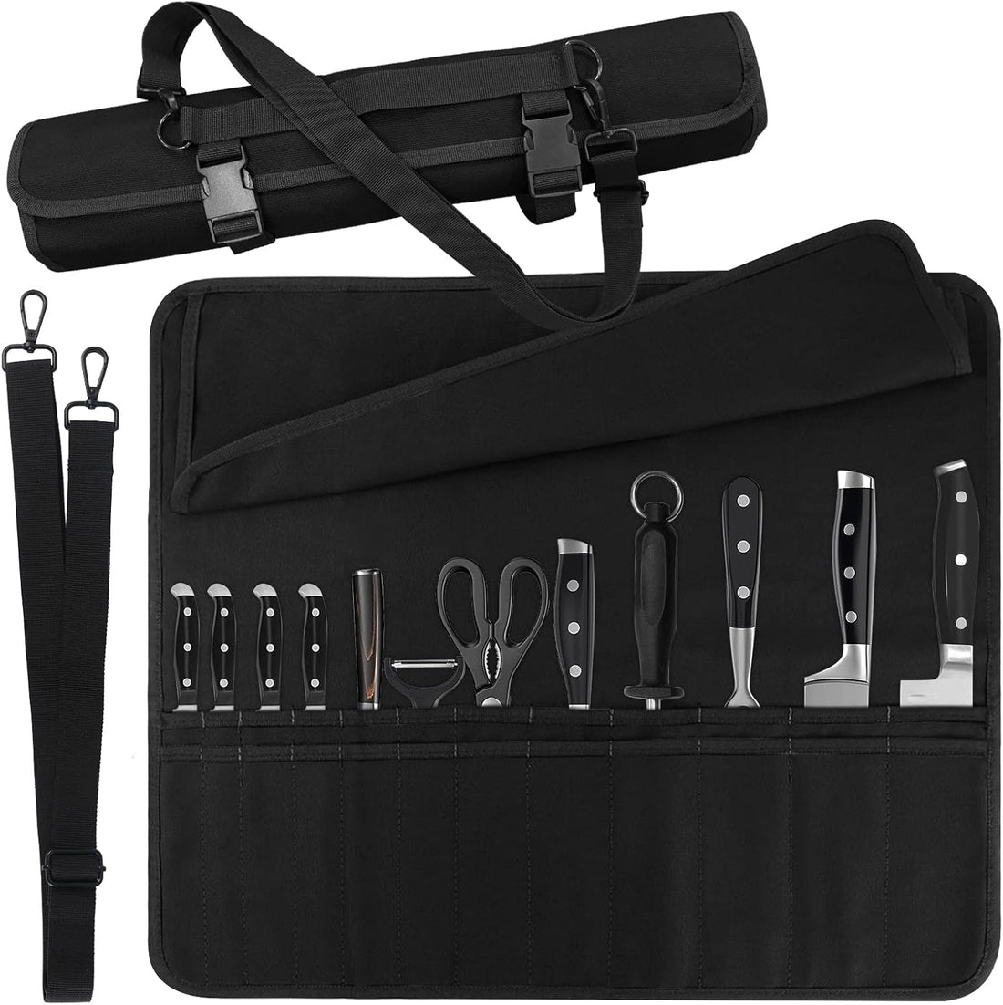 Chef Knife Bag With 24 Slots Cutlery Knives Holders Protectors, Kitchen Travel Cooking Tools, Portable Canvas Knife Roll Stor