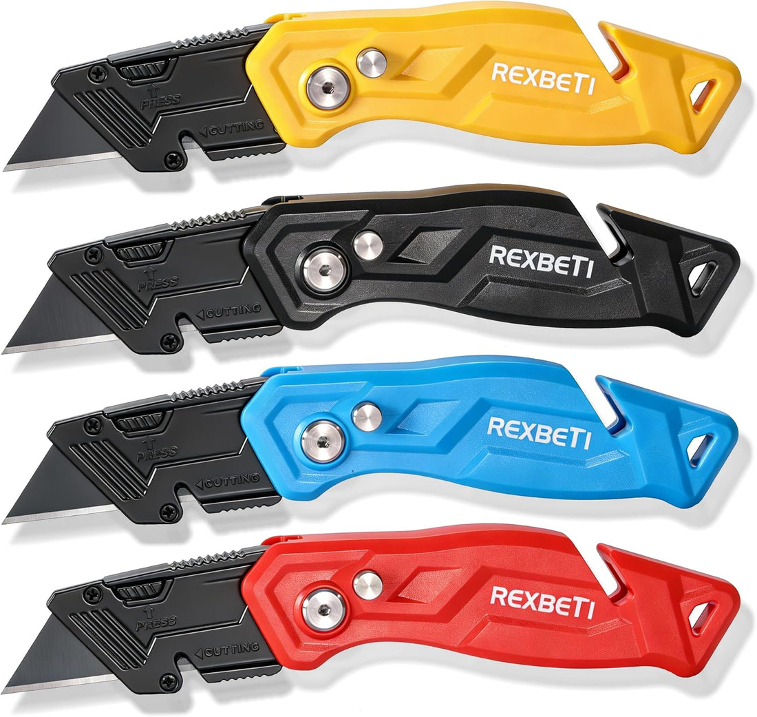 4-Pack Box Cutter Utility Knife, Folding Pocket Knife, 14 Blades | SK2 Black-Coated Anti-Rust Blades, Quick-Change Design, Sa