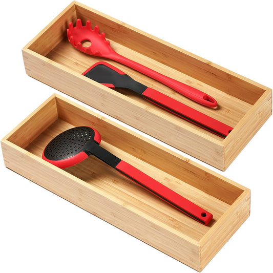 Bamboo Kitchen Utensils Organizer, Extra Long High Silverware Drawer Holder, Flatware Cutlery Storage Box, Multi-Use Drawer D