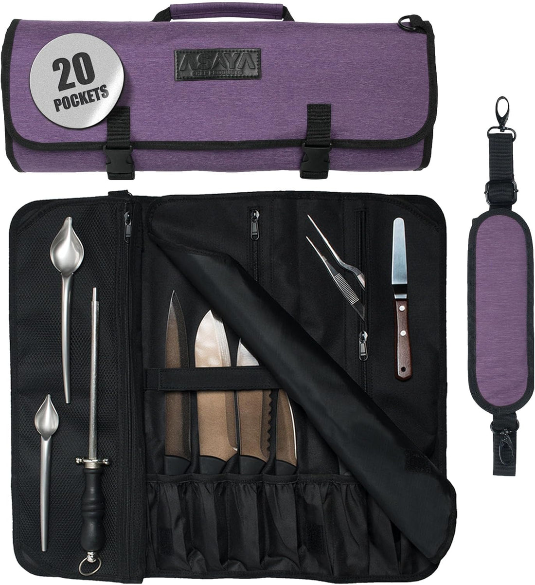 Asaya Waxed Nylon Chef Knife Roll Bag with 20 Slots and Zippered Pockets - Professional Chef Knife Bag & Storage Case, Tool C