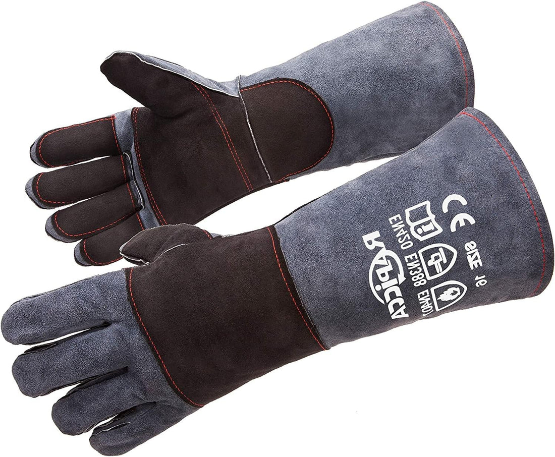 Fireplace Fire Pit Gloves, 932°F Fireproof Leather, 16in Dark Grey | For Wood Stove, Campfire, Charcoal, Cast Iron, BBQ Grill