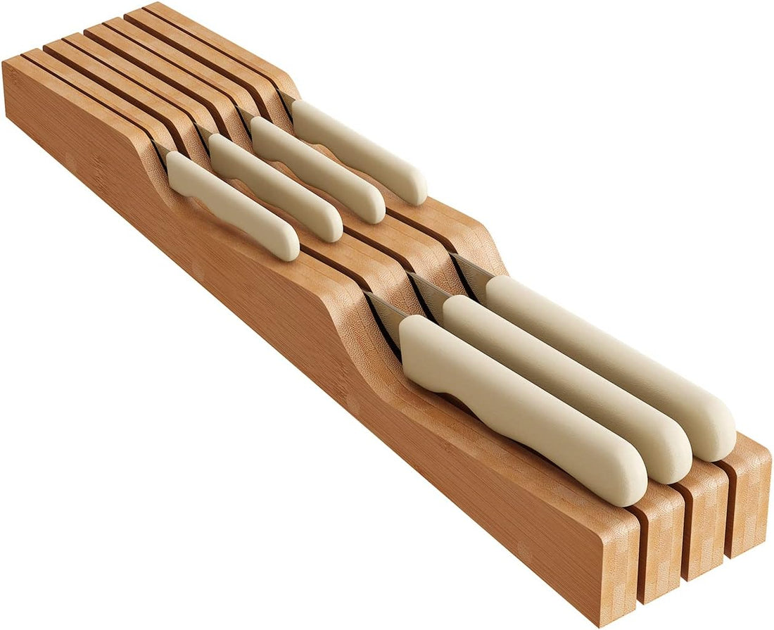 In-Drawer Knife Block Organizer - Bamboo Wood Drawer Knife Organizer-Protecting Knife Organizer Block (Not Included) (Natural