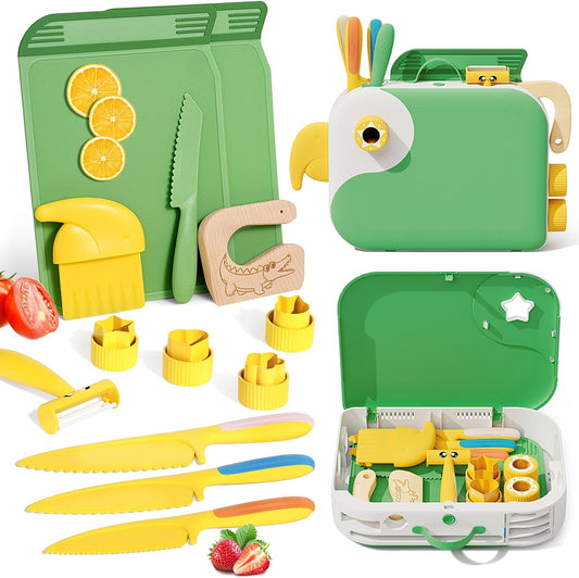 Montessori Kitchen Tools for Toddlers,Kids Knife for Real Cooking,Toddlers Knife Set with Storage Box Kids Safe Knives Childr