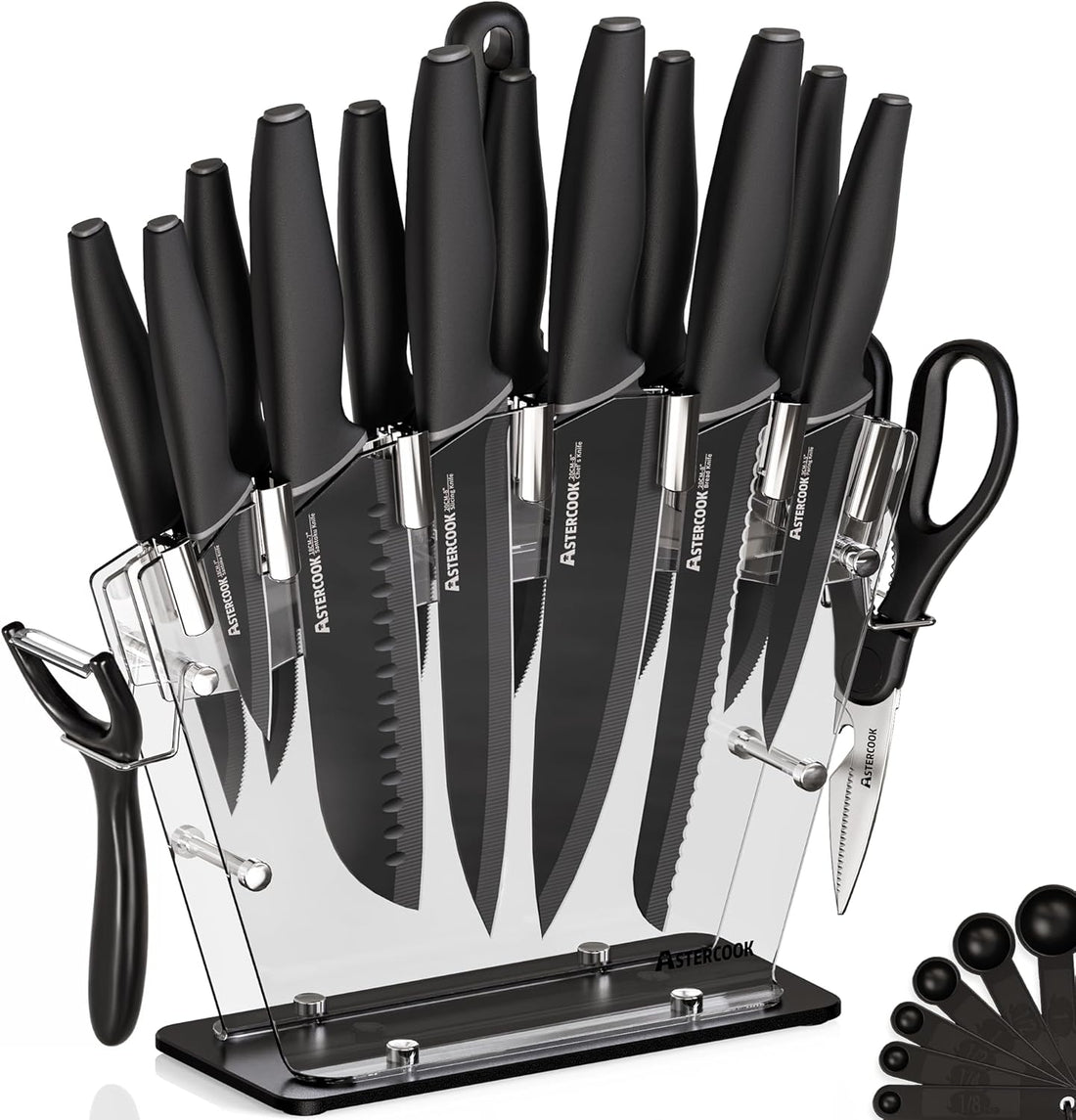Knife Set with Block and Sharpener, 22 Piece Kitchen Knife Set Dishwasher Safe, Space-Saving Clear Knife Block with Knives fo