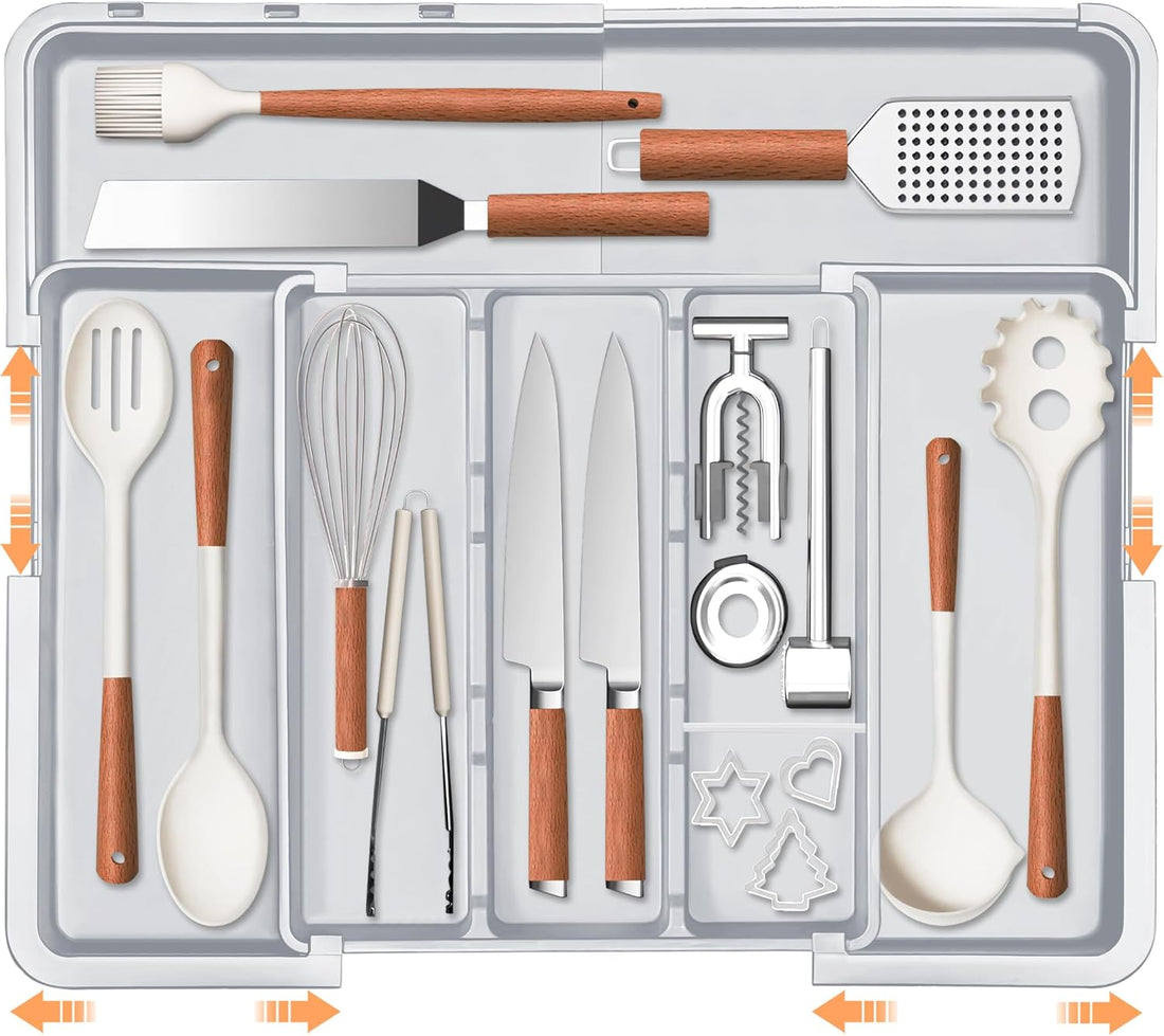 Large Utensil Drawer Organizer Expandable Silverware Organizer for Kitchen Drawer Adjustable Cooking Utensil Holder Cutlery F