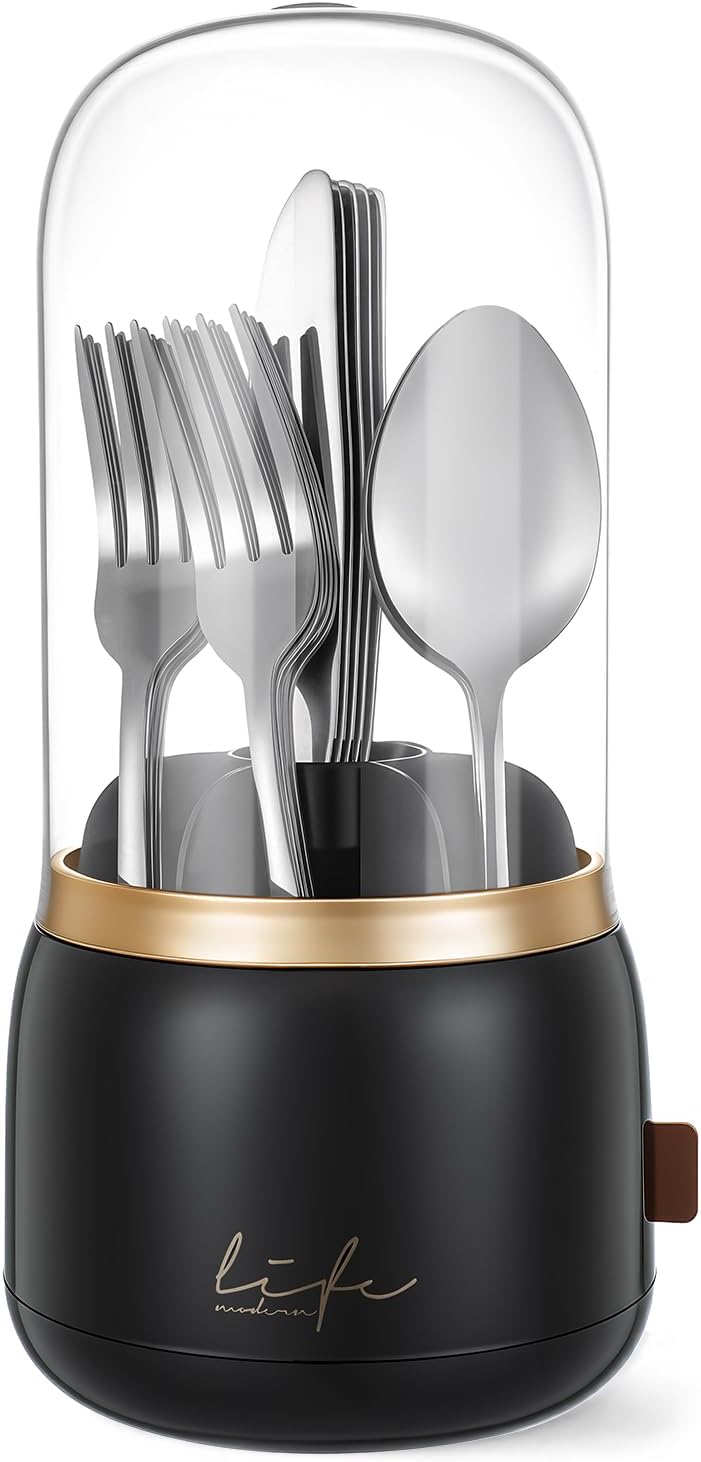 Silverware Organizer with Lid,Cutlery Holder,Black with Gold | Waterproof and Dustproof,360°Rotating,Store Knives Forks Spoon