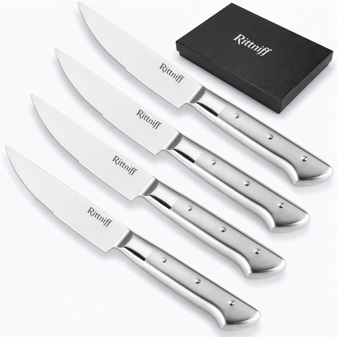 Steak Knives Set of 4, 5-Inch Serrated Stainless Steel Steak Knife Set with Wide Stainless Handle, Gift-Ready Box for Steak N