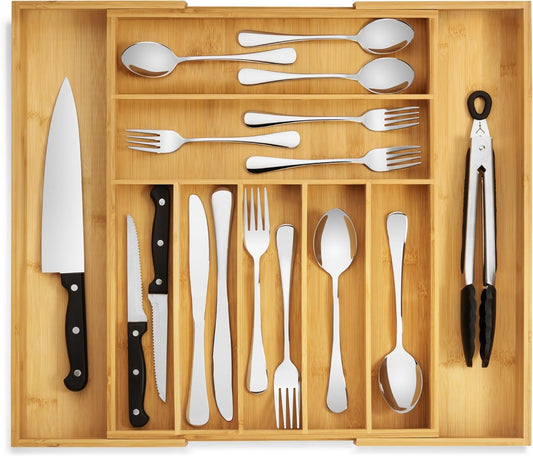 Bamboo Drawer Organizer - Expandable Silverware Organizer & Utensil Drawer Organizer, Cutlery Tray with Dividers, 7-9 Slots- 