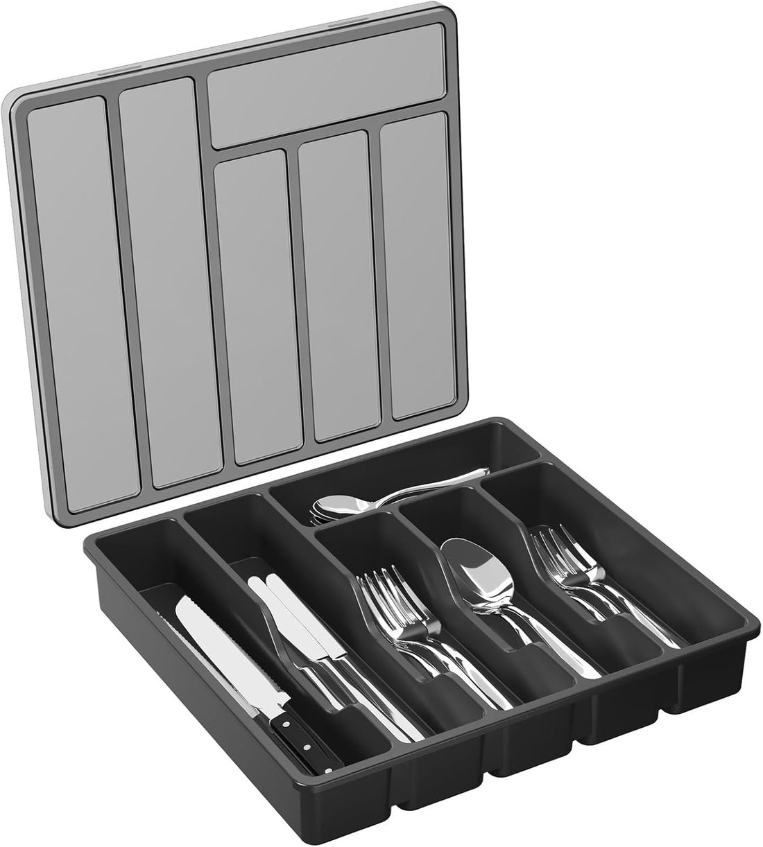 Silverware Organizer with Lid, Covered Utensil Tray for Kitchen Drawer and Countertop, Plastic Cutlery and Flatware Storage B