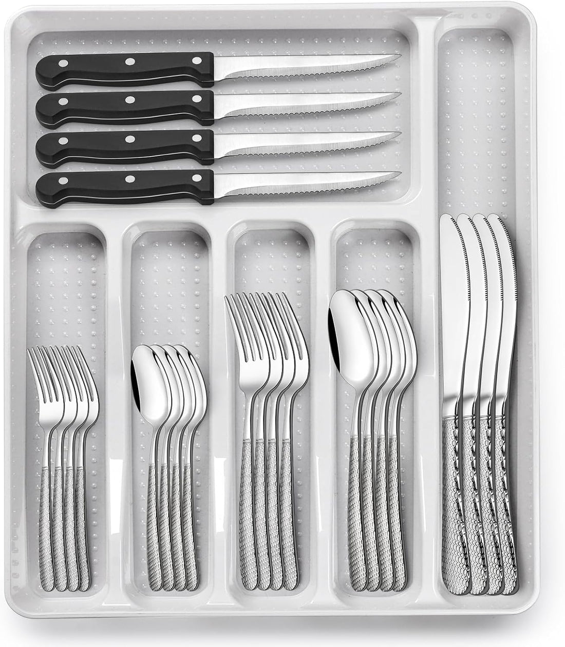 49-Piece Hammered Silverware Set with Organizer, Food-Grade Stainless Steel Flatware for 8, Cutlery Utensil Sets with Steak K