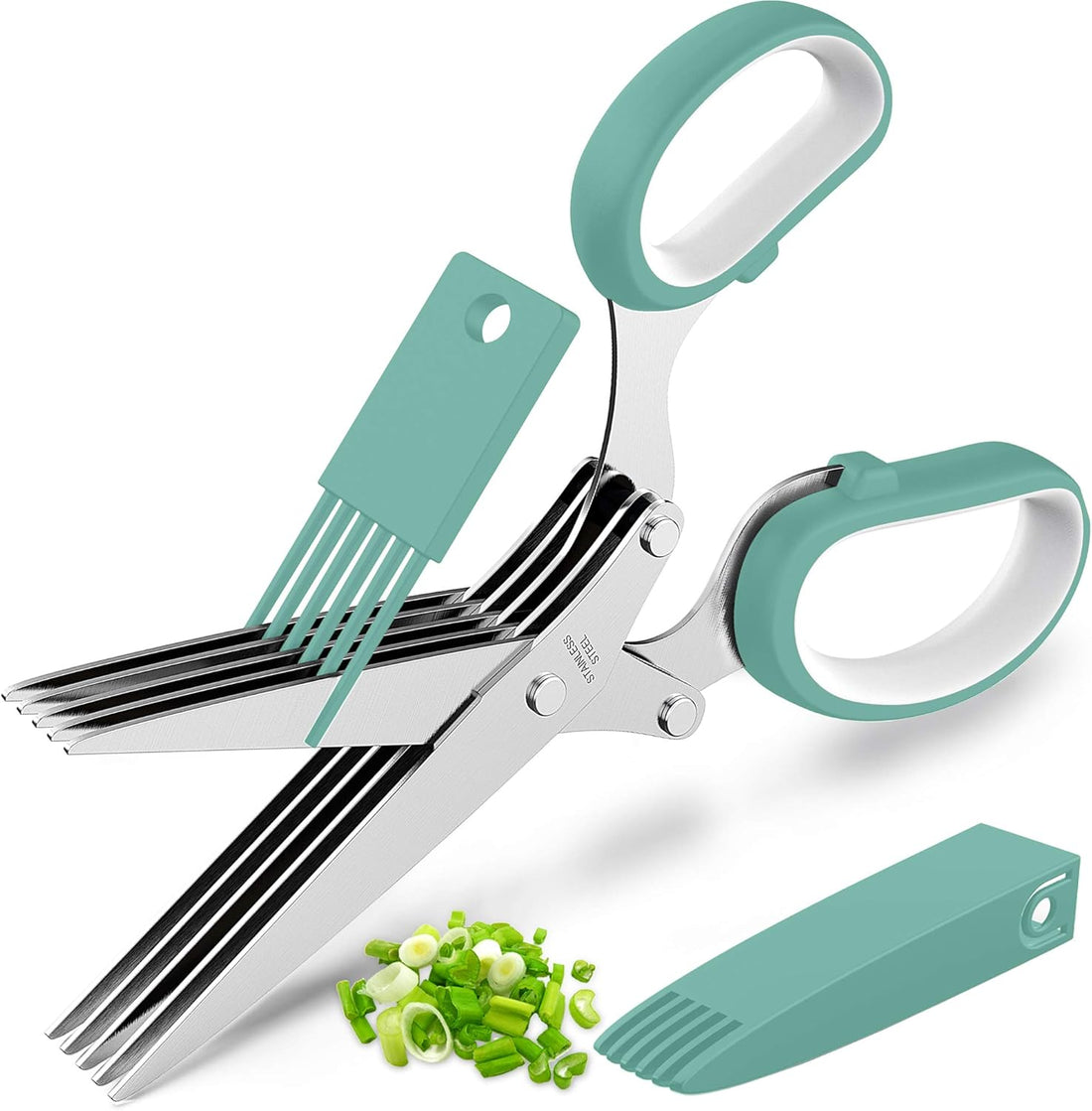 Herb Scissors with 5 Blades and Cover, Kitchen Herb Cutter with Cleaning Comb, Stainless Steel Multi Blade Herb Shears for Ba