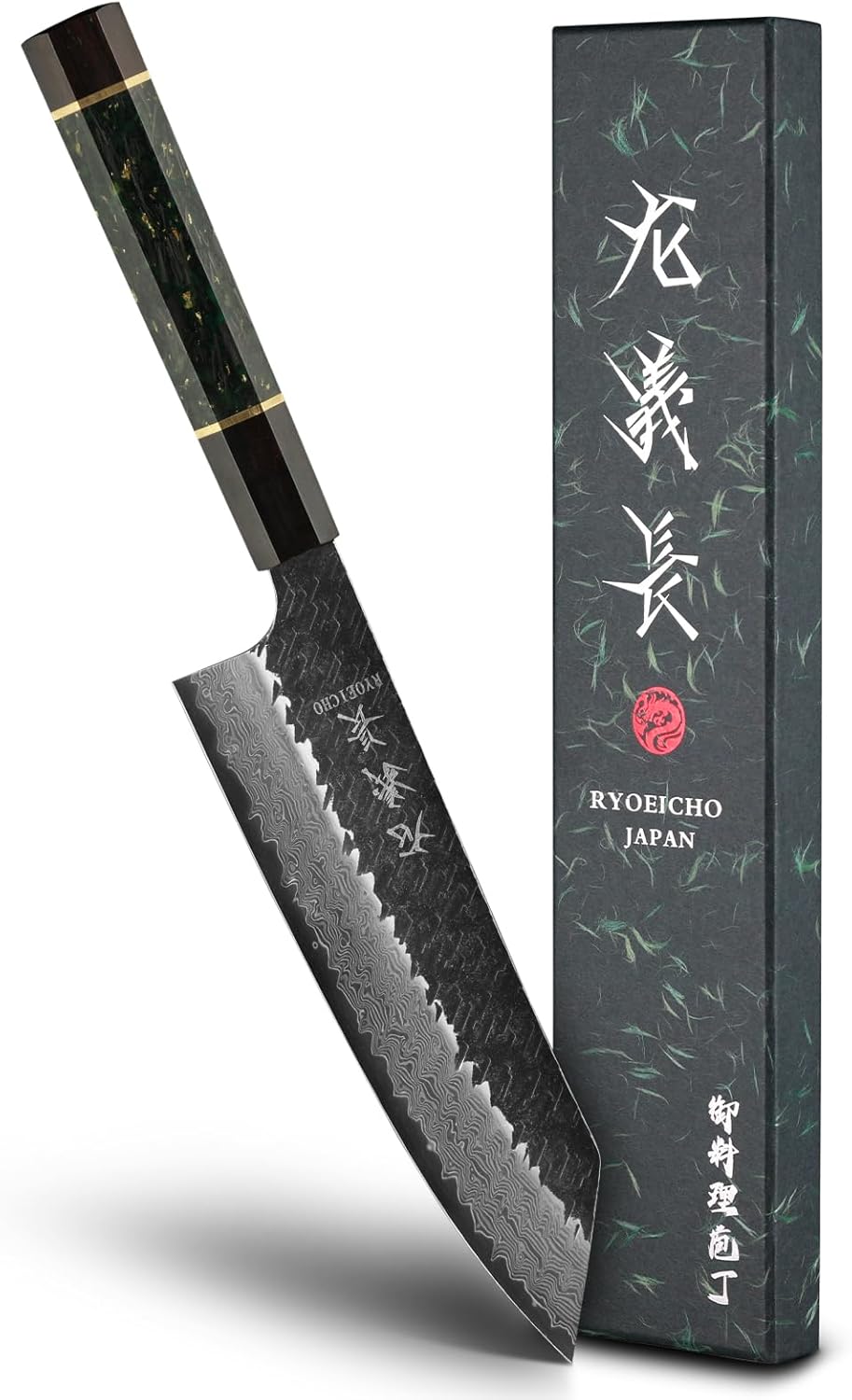 Japanese Kiritsuke Chef Knife, 7.5 Inch 71-Layer SLD High Carbon Steel Damascus Chef's Knives, Ultra Sharp Hammered Professional Kitchen Knife, Octagonal Ebony & Green Carbon Handle & Gift Box