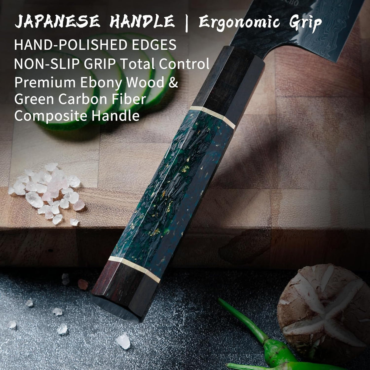 Japanese Kiritsuke Chef Knife, 7.5 Inch 71-Layer SLD High Carbon Steel Damascus Chef's Knives, Ultra Sharp Hammered Professional Kitchen Knife, Octagonal Ebony & Green Carbon Handle & Gift Box