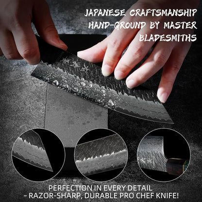 Japanese Kiritsuke Chef Knife, 7.5 Inch 71-Layer SLD High Carbon Steel Damascus Chef's Knives, Ultra Sharp Hammered Professional Kitchen Knife, Octagonal Ebony & Green Carbon Handle & Gift Box