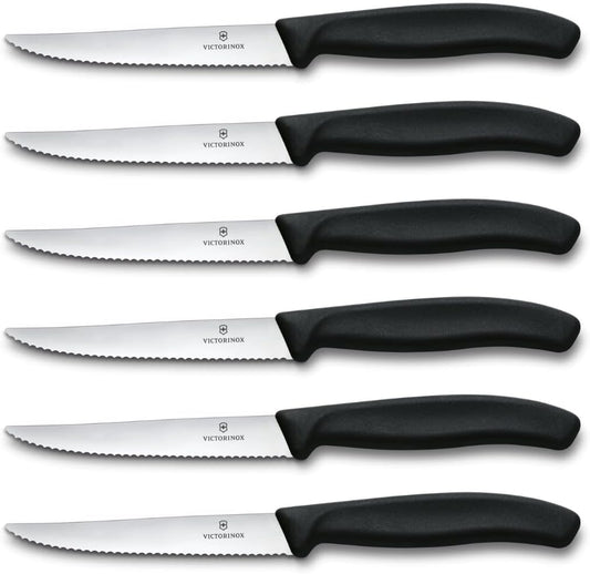 Swiss Classic 6-Piece Steak Knife Set - Serrated Edge, Black | Wavy 4.3 in stainless steel blades with ergonomic polypropylene handles for slicing sirloin, rump, and ribeye cuts