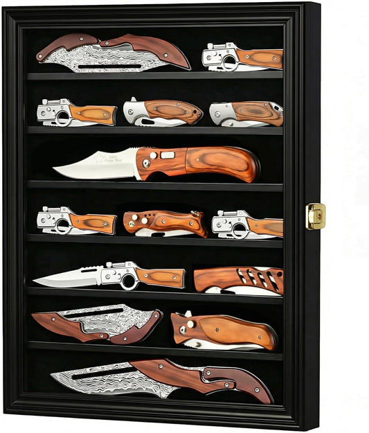 DisplayGifts Pocket Knife Display Case Stand Military Folding Knives Display Frame Shadow Box for Hunting Knives Collectibles with 98% UV Protection Lockable (Black Finish)
