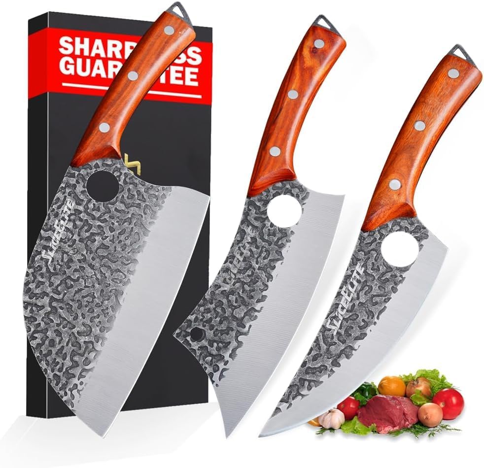3 Piece BBQ Knife Set Serbian Chef Knife Meat Cleaver Viking Kitchen Knives | Outdoor Cooking • Barbeque • Meal Prep • Camping • Butchering • Lanyard Holes Hammered Pattern Forged Steel Real Wood Handles