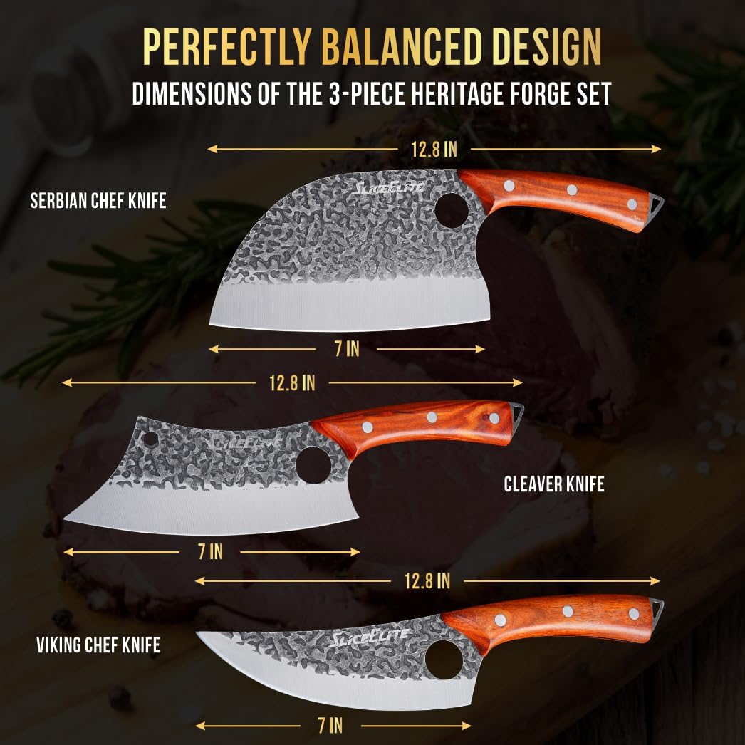 3 Piece BBQ Knife Set Serbian Chef Knife Meat Cleaver Viking Kitchen Knives | Outdoor Cooking • Barbeque • Meal Prep • Camping • Butchering • Lanyard Holes Hammered Pattern Forged Steel Real Wood Handles