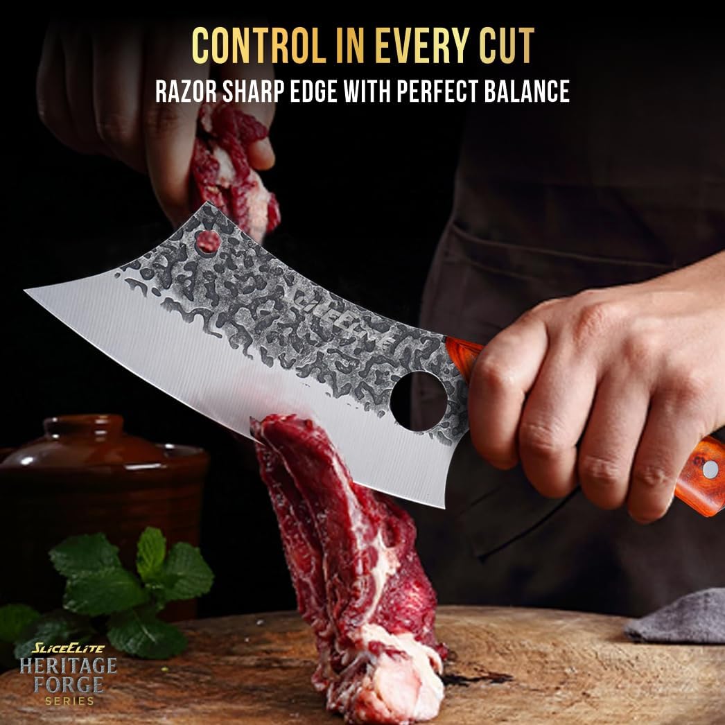 3 Piece BBQ Knife Set Serbian Chef Knife Meat Cleaver Viking Kitchen Knives | Outdoor Cooking • Barbeque • Meal Prep • Camping • Butchering • Lanyard Holes Hammered Pattern Forged Steel Real Wood Handles