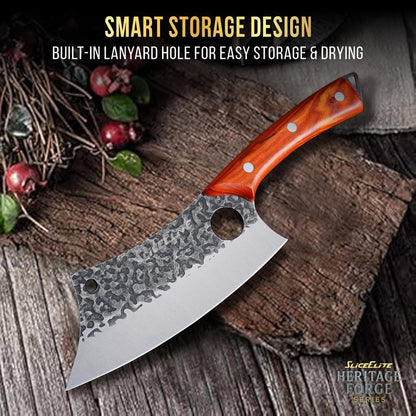 3 Piece BBQ Knife Set Serbian Chef Knife Meat Cleaver Viking Kitchen Knives | Outdoor Cooking • Barbeque • Meal Prep • Camping • Butchering • Lanyard Holes Hammered Pattern Forged Steel Real Wood Handles