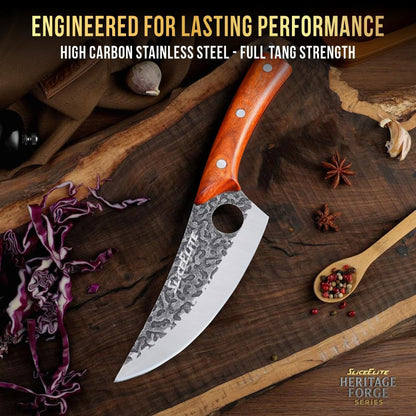 3 Piece BBQ Knife Set Serbian Chef Knife Meat Cleaver Viking Kitchen Knives | Outdoor Cooking • Barbeque • Meal Prep • Camping • Butchering • Lanyard Holes Hammered Pattern Forged Steel Real Wood Handles