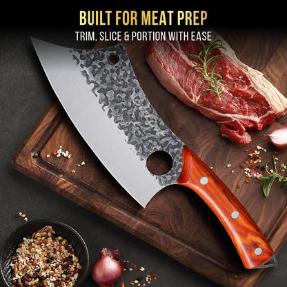 3 Piece BBQ Knife Set Serbian Chef Knife Meat Cleaver Viking Kitchen Knives | Outdoor Cooking • Barbeque • Meal Prep • Camping • Butchering • Lanyard Holes Hammered Pattern Forged Steel Real Wood Handles