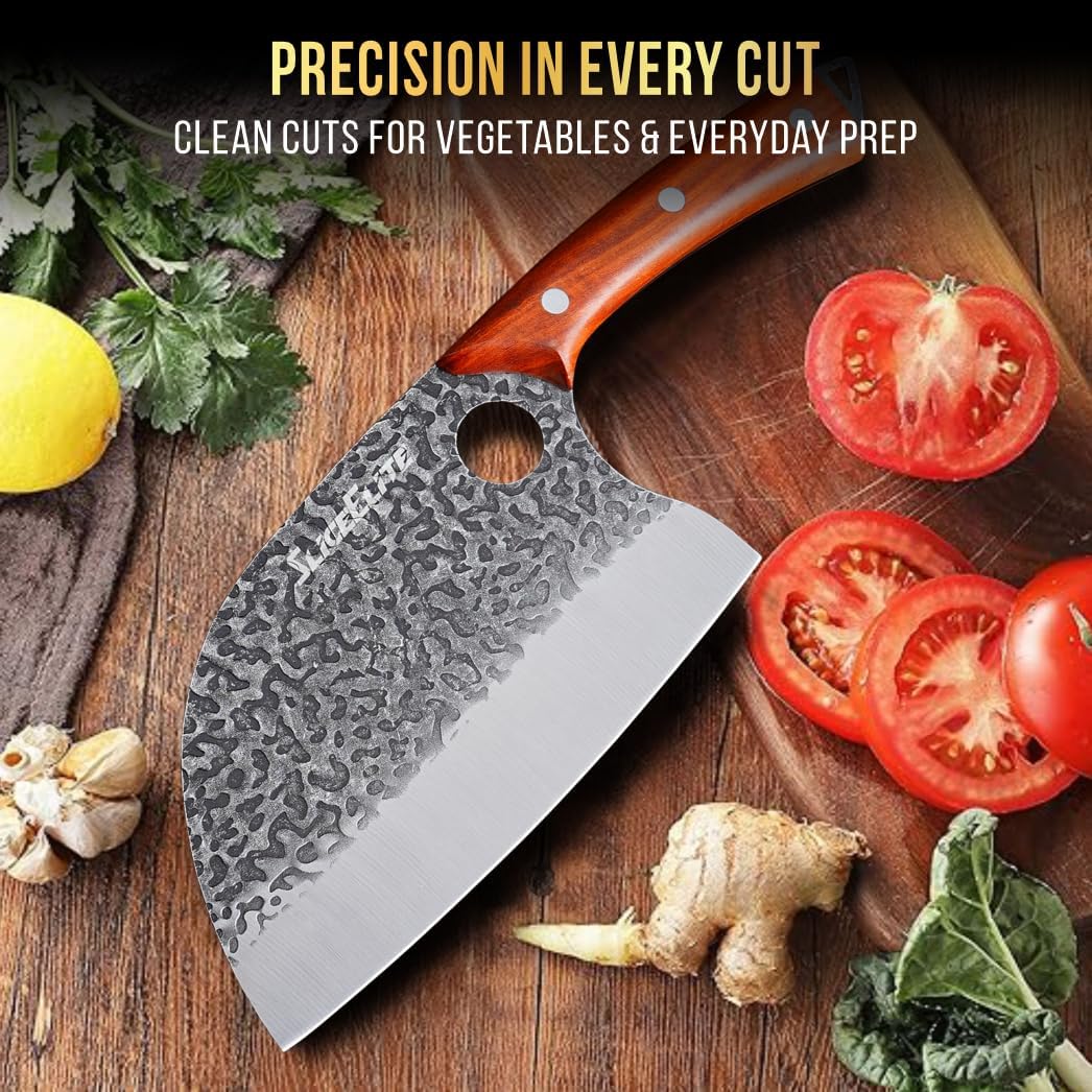 3 Piece BBQ Knife Set Serbian Chef Knife Meat Cleaver Viking Kitchen Knives | Outdoor Cooking • Barbeque • Meal Prep • Camping • Butchering • Lanyard Holes Hammered Pattern Forged Steel Real Wood Handles