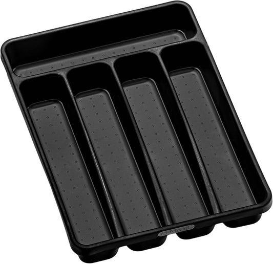 Small Silverware Tray, Compact 5 Compartment Flatware Organizer for Forks, Knives & Spoons, Non Slip, Soft Grip Lining, Fits Small Drawers, Carbon