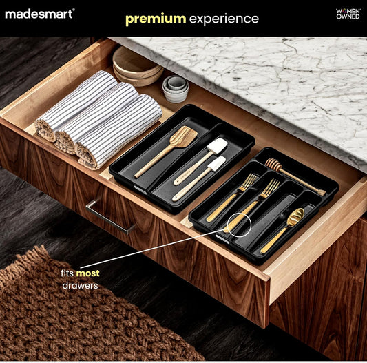 Small Silverware Tray, Compact 5 Compartment Flatware Organizer for Forks, Knives & Spoons, Non Slip, Soft Grip Lining, Fits Small Drawers, Carbon